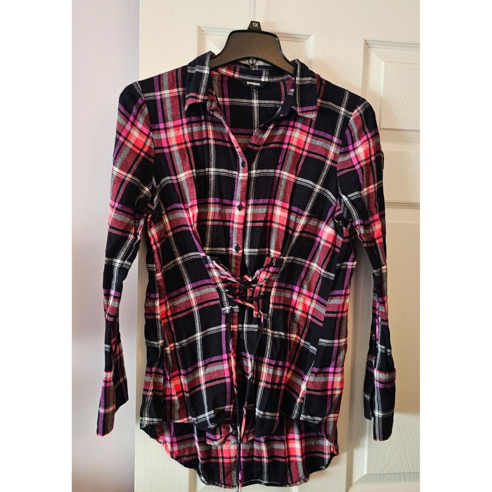 Express Womens Plaid Lace-Up Front Corseted Flannel Sz L Coquette Cabincore